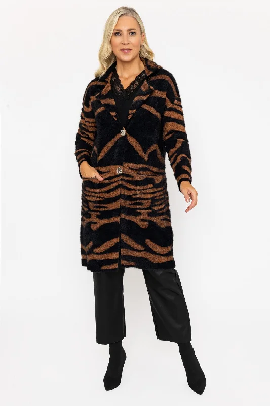 Black & Brown Printed Coatigan with Pockets Women's designer jackets