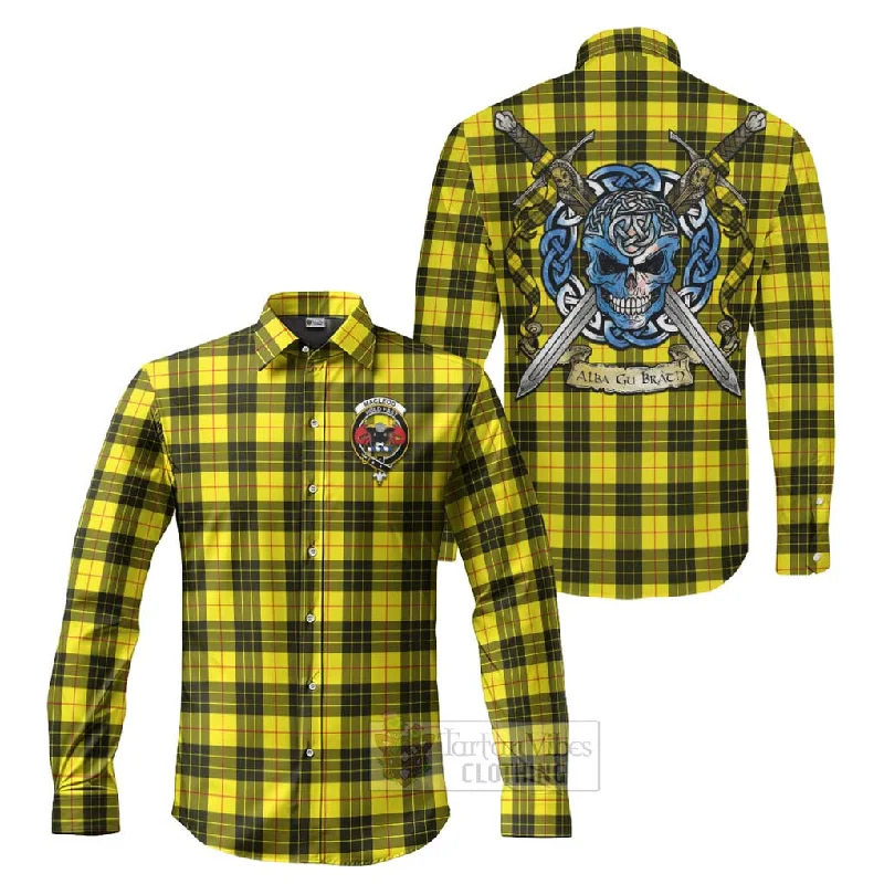 MacLeod (McLeod) Tartan Long Sleeve Button Shirt with Family Crest Celtic Skull Style MacLeod (McLeod) Tartan Long Sleeve Button Shirt with Family Crest Celtic Skull Style