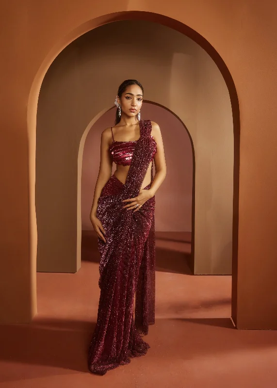 Humaida Maroon Shimmer Pre- Draped Saree Set