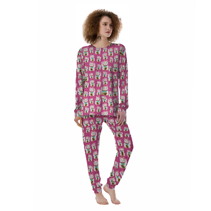 Cartoon Lucky Cat Japanese Print Pattern Women's Pajamas Three-piece pajama sets