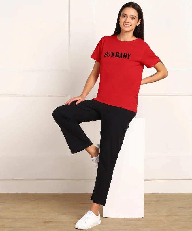 Women Printed T-shirt & Pyjama Set Pure Soft Cotton Travel pajama sets