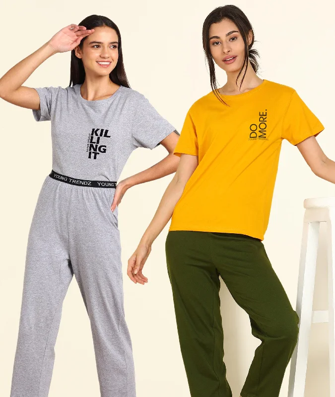 Women Printed T-shirt & Pyjama Set Pure Soft Cotton - Combo Set Winter pajama sets