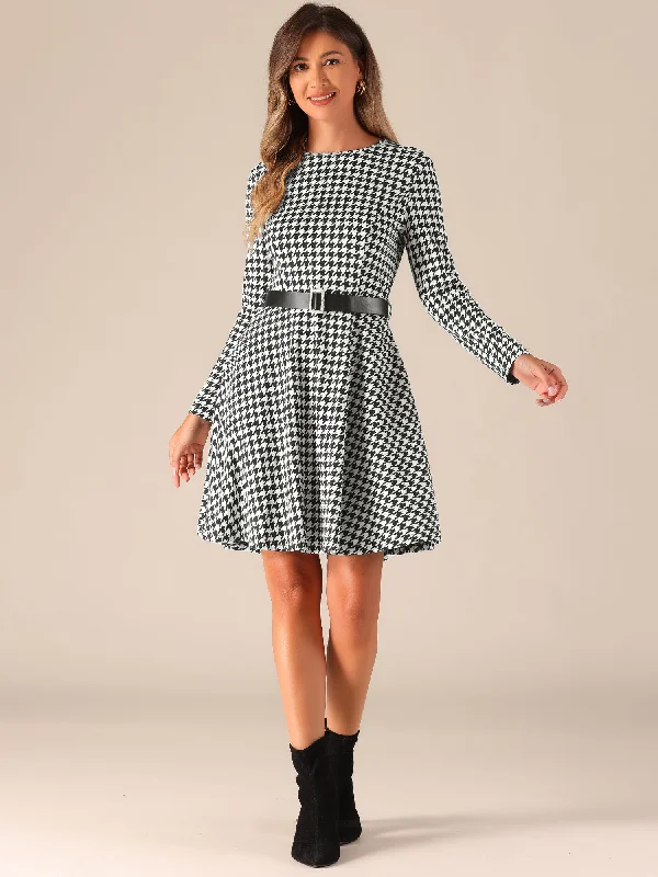 Houndstooth Round Neck Long Sleeves Belt Pockets A-Line Dress Best maxi dresses for tall women Houndstooth Round Neck Long Sleeves Belt Pockets A-Line Dress Best maxi dresses for tall women