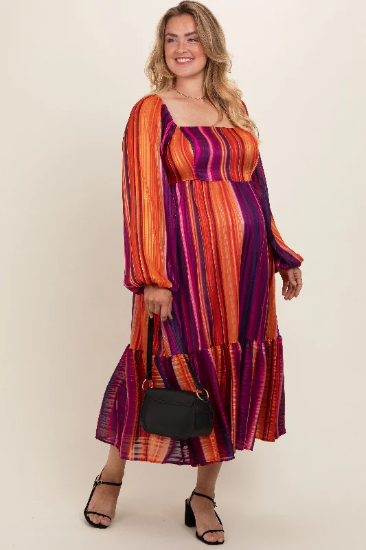 Plum Striped Metallic Yarn Maternity Plus Midi Dress Party midi dresses
