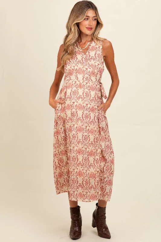 Red Floral Damask Wrap Maternity Midi Dress Clubbing midi dresses