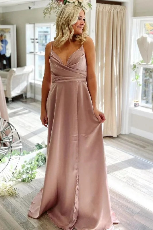 A-Line  Satin Pleated V-Neck Backless Long Prom Dress Maxi Skirt Set