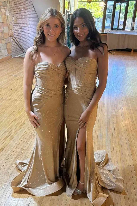 Mermaid Strapless Sleeveless Pleated Glitter Gold Long Prom Dress Full Maxi Skirt