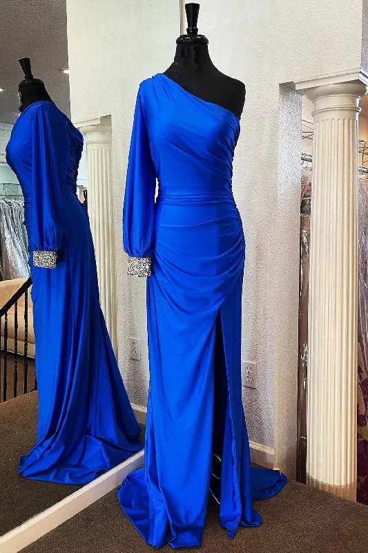 Royal Blue One- Shoulder Mermaid Long Formal Dress Trendy Maxi Skirt