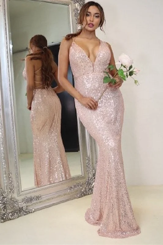 Sequined V-Neck Lace-Up  Mermaid Long Formal Prom Dress Soft Maxi Dress