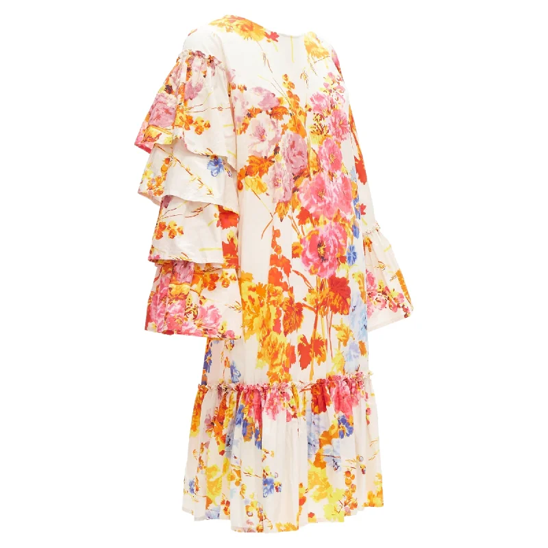 Dries Van Noten colourful floral tie sleeve ruffle midi dress Midi Skirt Print