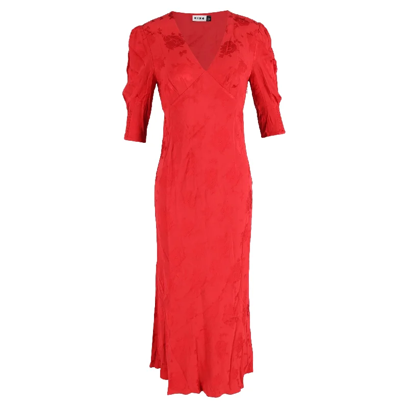 Rixo Zadie Floral Jacquard Midi Dress in Red Polyester Stylish Pleated Skirt