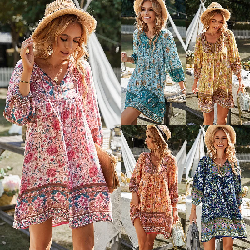 Bohemian Printed Long Sleeve V-neck Lace-up Dress Elegant Lace Dress
