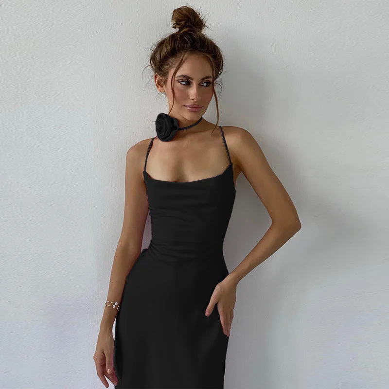 Flower Halter Collar Backless Lace Up Split Dress Lace Dress Fashion