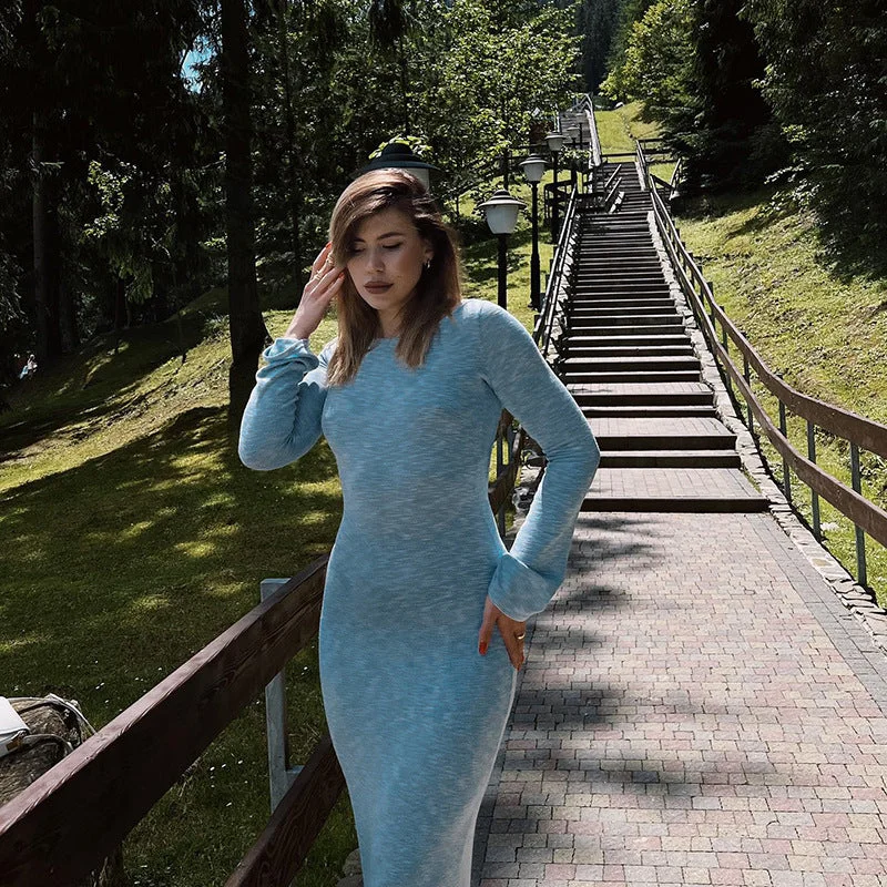 Knitted Backless Lace Up Slim-fit Long Sleeve Dress Women Lace Maxi Dress
