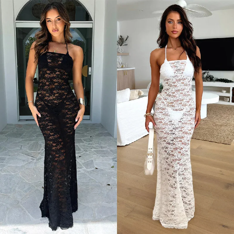 Lace Tube Top Dress Sexy See-through Slim Sleeveless Lace Cocktail Gown