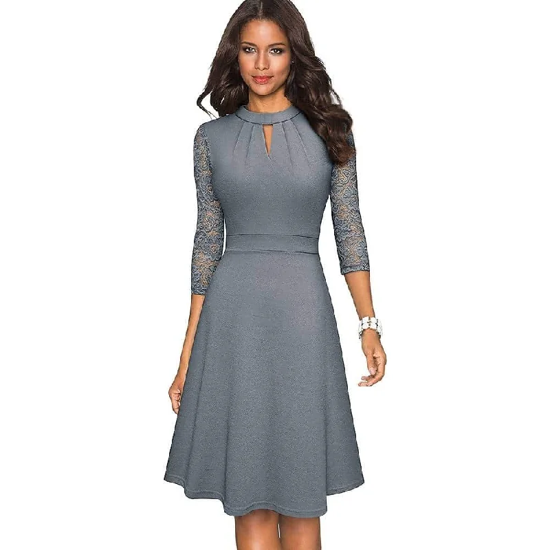 Solid Color Hollow Out Women's Dress with Lace Sleeves Lace Dress Bohemian