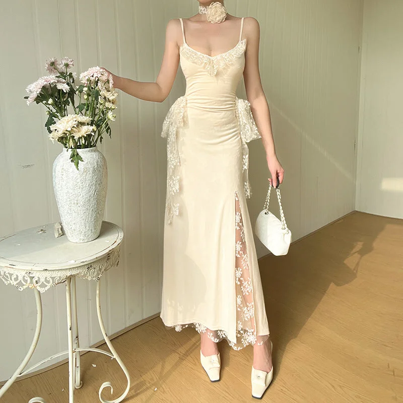 Strap Lace Patchwork Slit Dress Women Off-shoulder Lace Dress