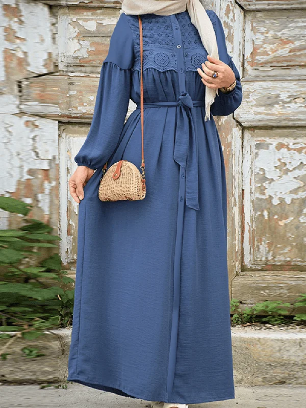 Women Lace Trims Patchwork Solid Vintage Lace-Up Long Sleeve Casual Dress Elegant Lace Gown