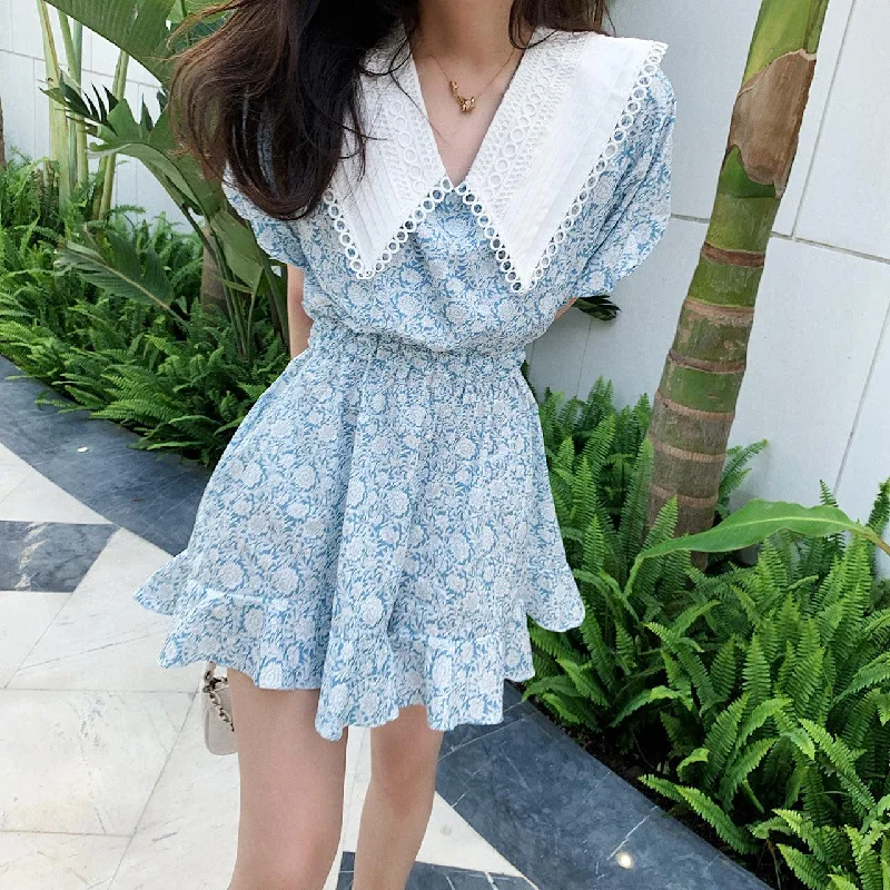 Women's lace lapel light blue jumpsuit Lace Dress Elegance